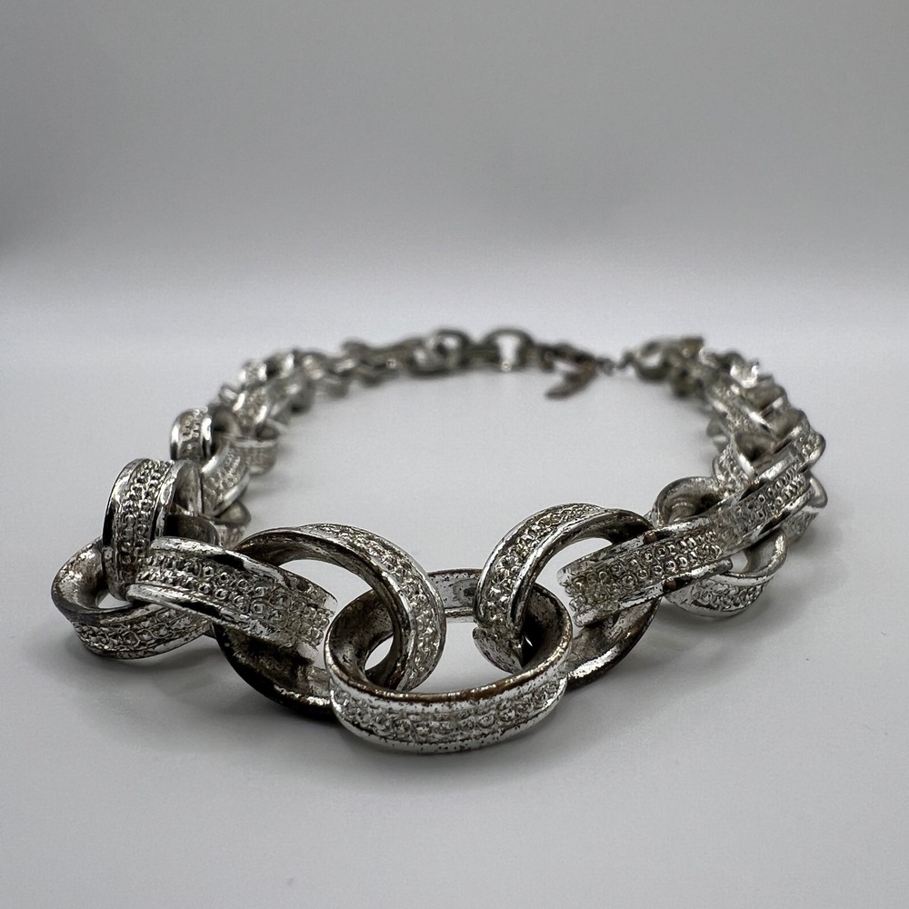 Napier Silver Tone Textured Chunky Link Statement Necklace Adjustable 18 Inch